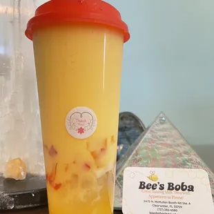 Mango 16 oz. Boba Milk Tea Smoothie with mango jelly rainbow coconut jelly and crystal boba !