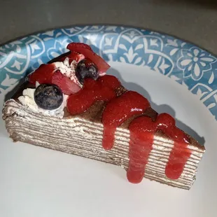 Chocolate Crepe Cake with Strawberry Sauce