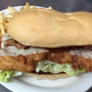 "Bacon-Bacon Chicken," made with beer battered or chargrilled chicken breast, bacon, BACON MAYO (!!), Swiss cheese &amp; lettuce.