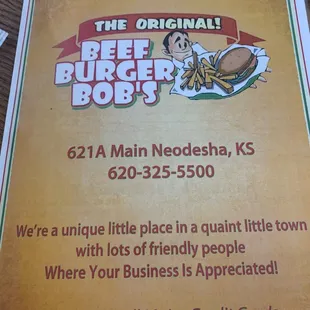 a menu for the original beef burger bob's