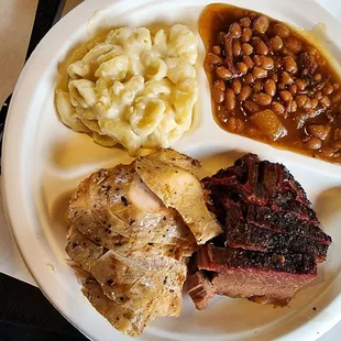 2-Meat Plate &amp;2 Sides - Beet Butter Brisket, Chicken, Baked BEANS, White Cheddar Mac &amp; Cheese,