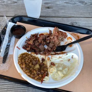 Brisket (terribly dry) pulled pork, beans and mac&amp;cheese