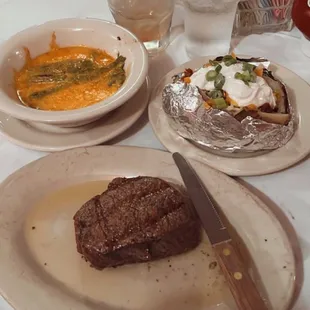 Small Filet, asparagus au grain, baked potato fully dressed  Whiskey sour