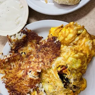 an omelet and biscuits on a plate