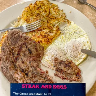 steak and eggs on a plate