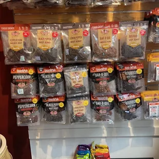 a display of beef jerky snacks