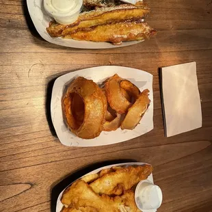 Fried Zucchini w/Ranch, Onion Rings, and Fish 'n' Chips with Tartar Sauce.