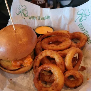 Buffalo chicken sandwich with onion rings