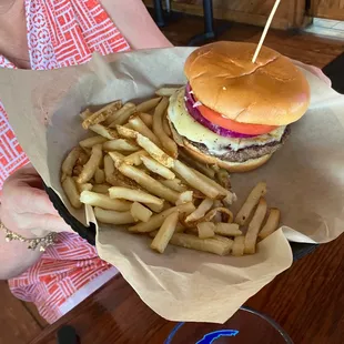 O'Brady burger with fries.