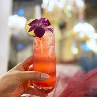 a hand holding a tall glass with a purple flower