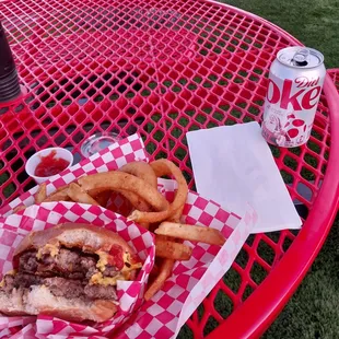 Double bacon burger with halfsies side and diet coke