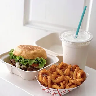 - 1/4 lb Beep 's Burger w/ cheese ($8.60) - Curly Fries ($4.50) - Vanilla Milkshake ($6.50)