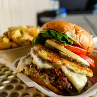 1/2 lb burger w/egg and garlic fries. $17