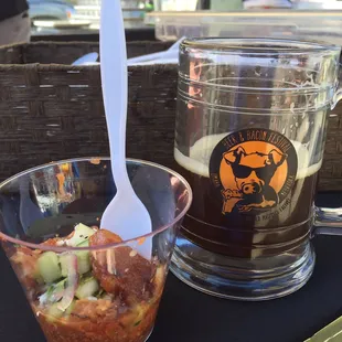 A shot of my fav food the smoked tomato and bacon gazpacho. And my cool beer mug!