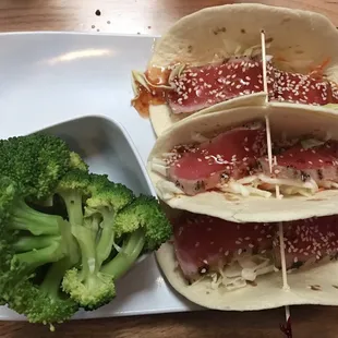 Tuna tacos. The sweet chili glaze was too strong for the slices of tuna. They have a good start here though...