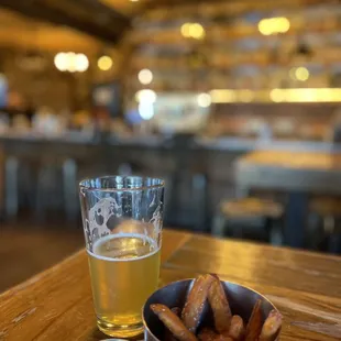 Sweet potatoes fries &amp; a glass of draft