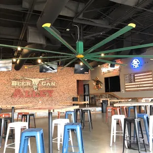 tables and stools in a restaurant