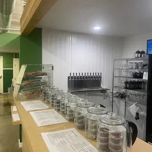 a row of bottles on a counter