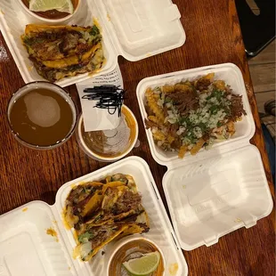 hell fire tacos, birria fries, and birria queso pack.