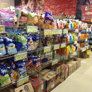 a variety of snacks in a grocery store