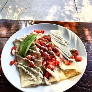 Mexican Breakfast Crepe (*V, *GF) with added avocado and black beans