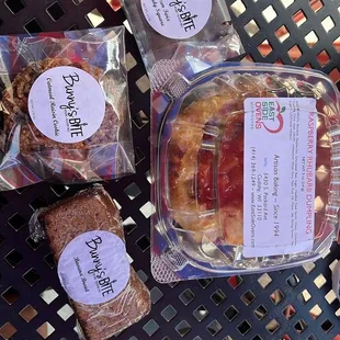 Oatmeal raisin cookie, Banana Bread, (V,GF)Frozen Twix Bar (V,GF), raspberry rhubarb dumpling