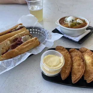 Reuben sandwich, Manny's Chili from Scratch, Crabs empanadas