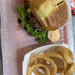 Cowboy burger with onion rings. Onion rings were a two dollar up charge.