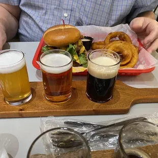 Beer flight and bourbon burger with onion rings. Yum!!