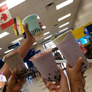 Small oreo, small blue vanilla, small taro/coco &amp; large taro/coco, all with boba &amp; mochi