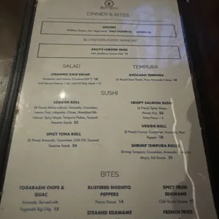 Dinner menu