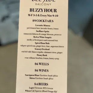 Happy hour drink menu