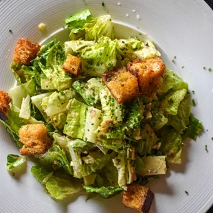 Caesar Salad - romaine, homemade herb-parmesan croutons, shaved parmesan, anchovy-olive tapenade, Caesar dressing.