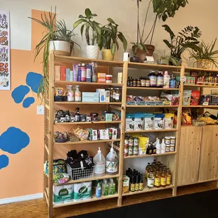 a shelf full of products