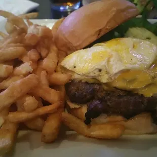 Fried egg burger and fries