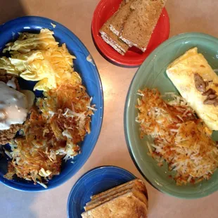 Chicken fried steak and omelet entrees. They pre-butter your toast here, I love how totally traditional diner they are!