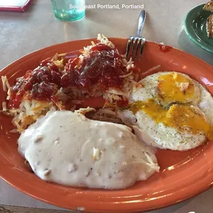 Chicken fried steak and eggs