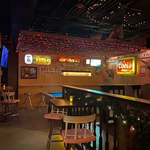 a view of a bar with tables and stools