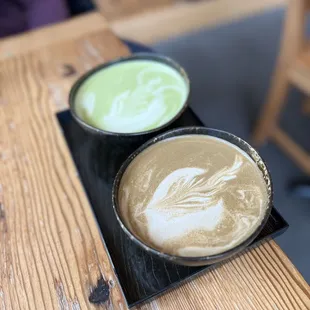 hojicha latte (front) matcha latte (back)