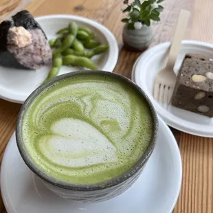Matcha, salmon Mayo onigiri, and Hojicha brownie