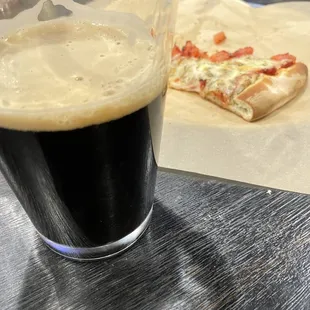 Coffee stout and food truck pizza.