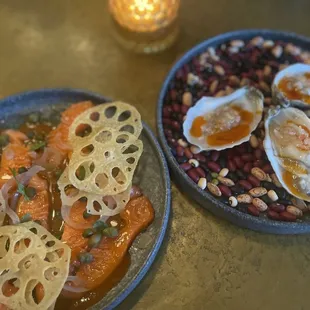 Pink Moon Oysters (5) and King Salmon Crudo (3)