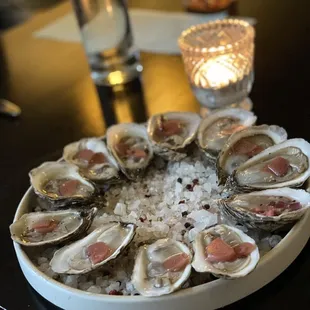 Acadian pearl oysters with pickled local rhubarb, 6 for $18, 12 for $34