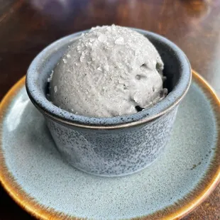 Black sesame ice cream. Tastes like peanut butter. So good. We always get dessert here because it never disappoints.