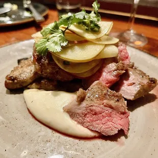 Berkshire pork secreto steak, w. apple kimchi &amp; celery root puree
