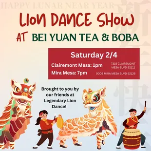 Come see our Lunar New Year Lion Dance Show on Saturday 2/4 @1pm!