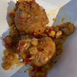 SHRIMP &amp; CORN MACQUE CHOUX BEIGNETS ($6) from Fulton Alley.