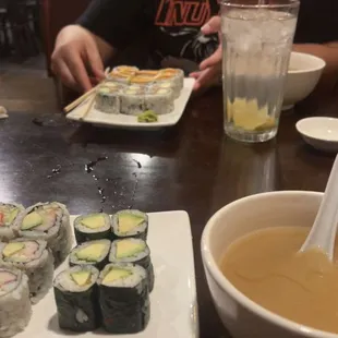 Avacado roll, California roll, miso soup