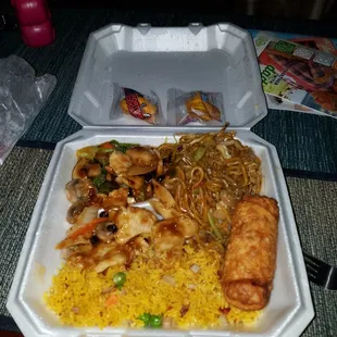 The dinner special: 2 dishes (Pictured here- Hunan chicken &amp;Shrimp lo mein), pork fried rice and 2 egg rolls for $10.50