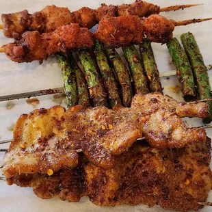 2x Roasted Chicken Skewers, Roasted String Bean, 2x Roasted Pork Belly Skewers